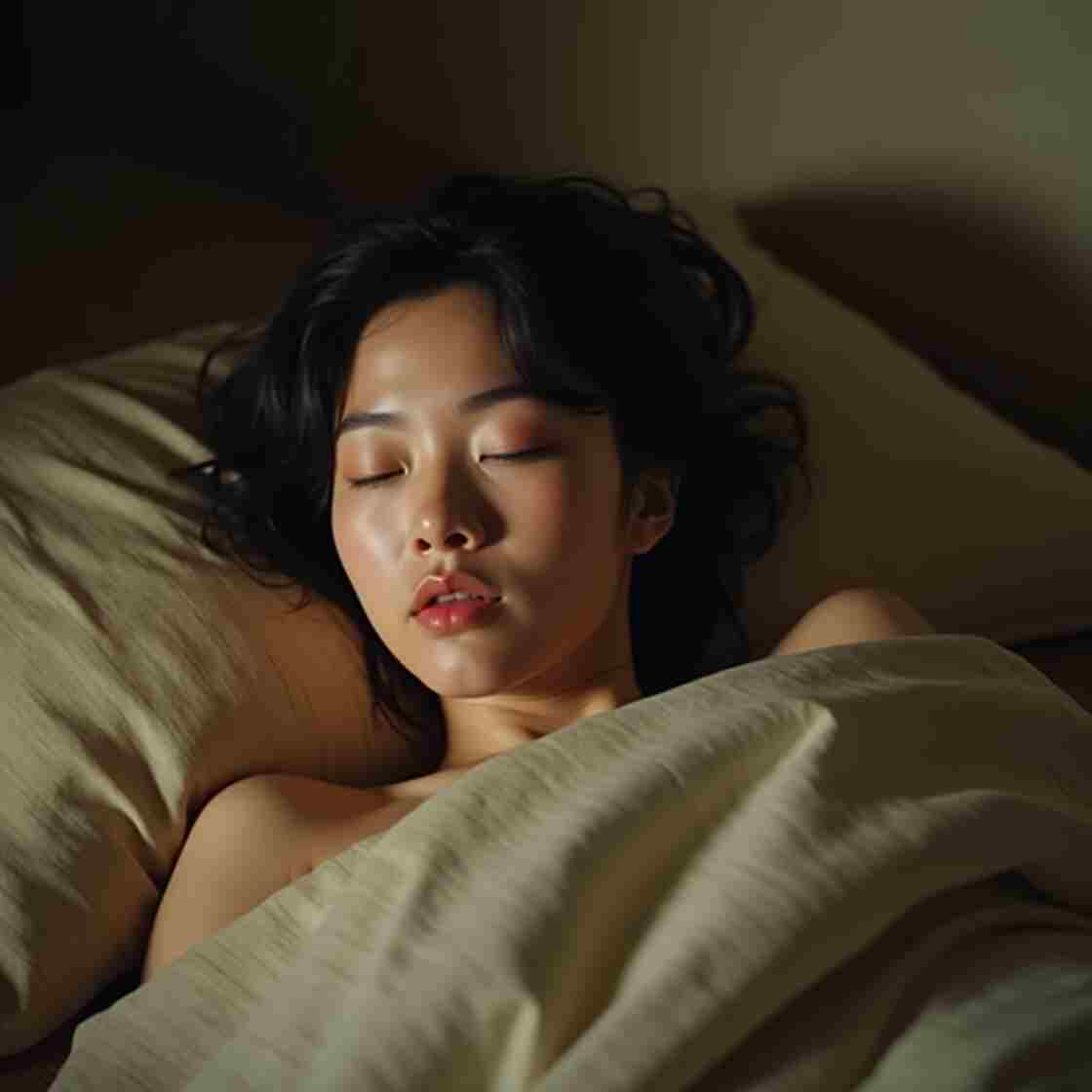 女の子は枕をつけてベッドで安らかに眠っている